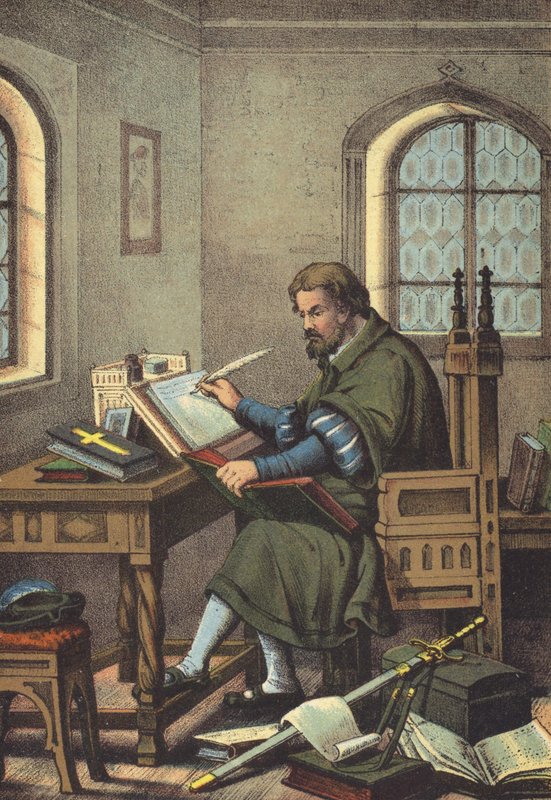 Lutero disfarçado de Junker Jorg em Wartburg tradução do Novo Testamento (chromolitho) de German School