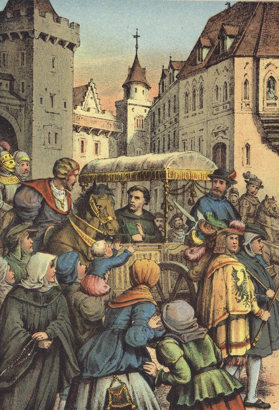 Entrada de Luthers em Worms (chromolitho) de German School
