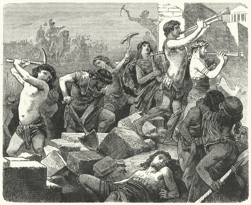 Lysander ordena que as paredes de Atenas sejam derrubadas (gravura) de German School