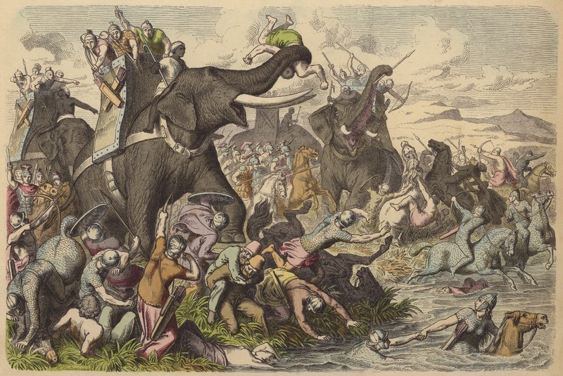 Macedónios que usam elefantes de guerra numa batalha com os Dacianos e Sarmatianos (gravura colorida) de German School