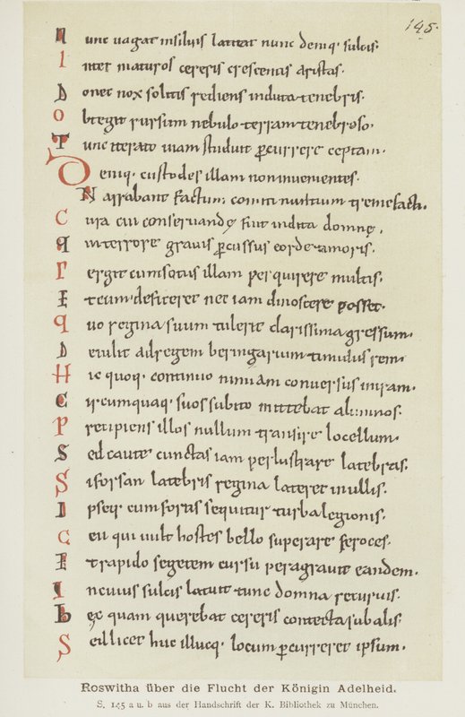 Manuscrito escrito por Hrotswitha de Gandersheim descrevendo a fuga da rainha Adelheid de German School