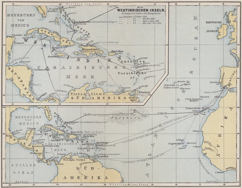 Mapa mostrando as viagens de Cristóvão Colombo, 1492-1504 de German School