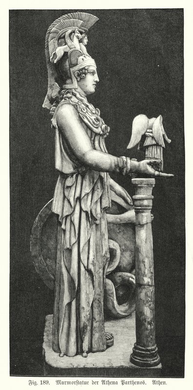 Estátua em mármore da deusa grega antiga Atena, do Pártenon, Atenas (gravura) de German School