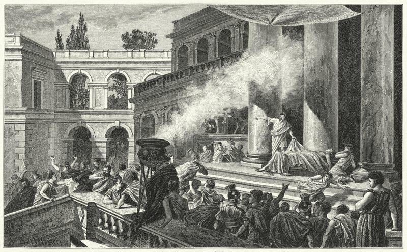 Marco António precipita um motim com a sua oração no funeral de Júlio César, 44 a.C. (gravura) de German School