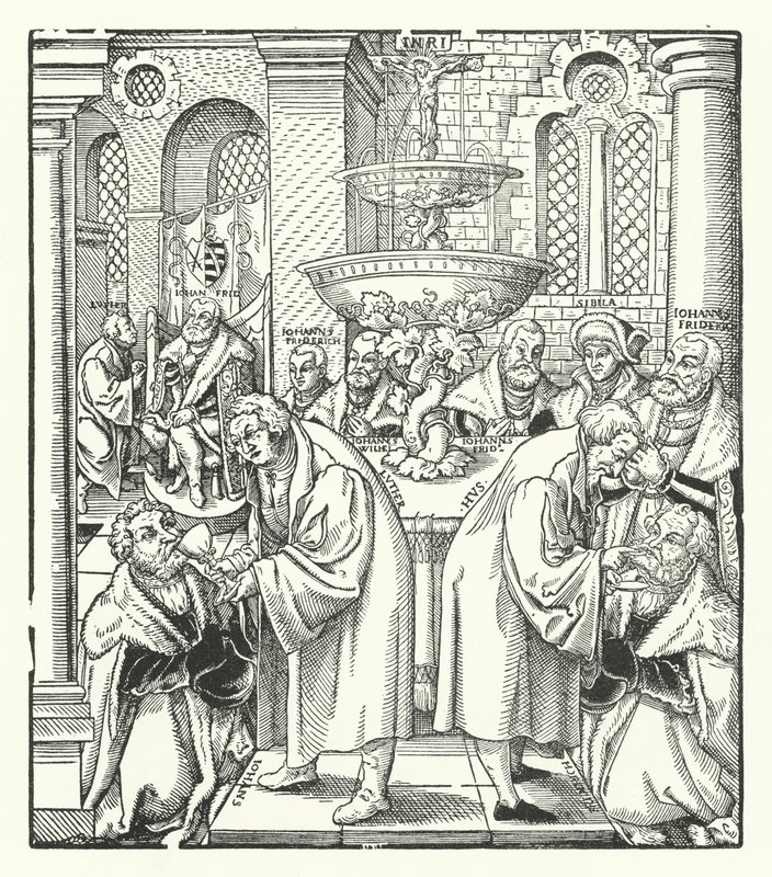 Martin Luther e Jan Hus administrando a Sagrada Comunhão à família real saxônica (gravura) de German School