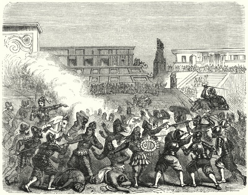 Massacre de guerreiros astecas e nobres em Cholula pelos conquistadores espanhóis de Hernan Cortes de German School