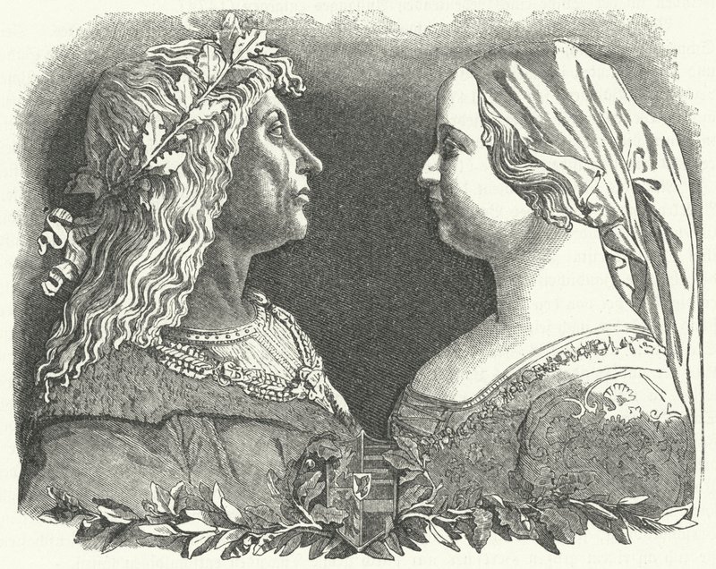 Matthias Corvinus, rei da Hungria, e sua rainha, Beatriz de Nápoles (gravura) de German School