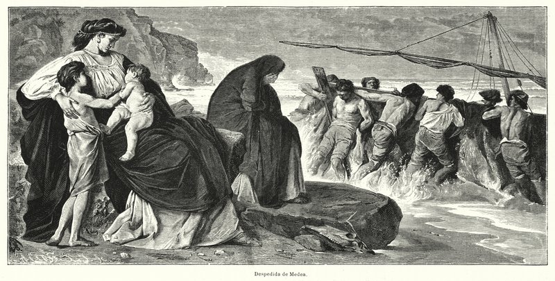 O Adeus de Medéia: cena da tragédia grega antiga de Eurípides Medéia, baseada na lenda de Medéia e Jasão (litho) de German School