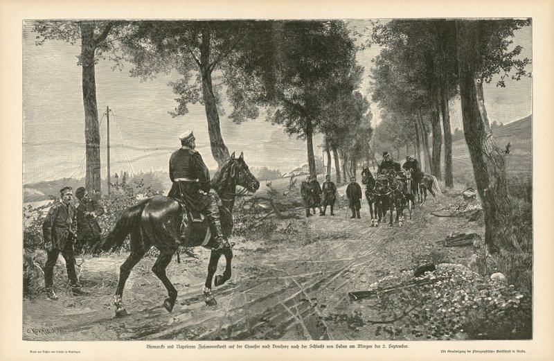 Encontro de Bismarck e Napoleão III depois da Batalha de Sedan, Guerra Franco-Prussiana, 2 de setembro de 1870 de German School