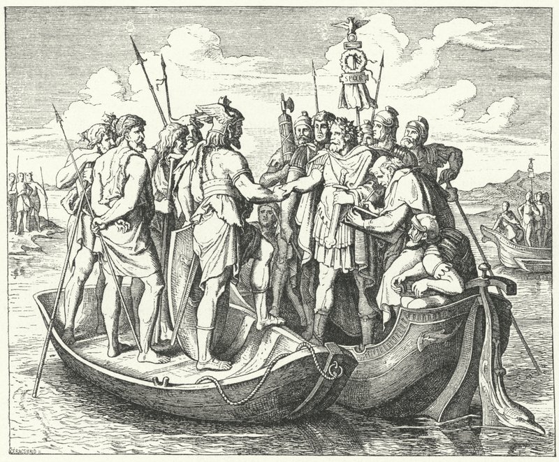 Encontro do Imperador Romano Valens e do Rei Visigótico Athanaric no Danúbio, 369 (gravura) de German School