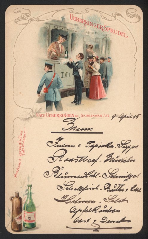 Cartão de publicidade do menu Ueberkinger água mineral gaseificada (cor litho) de German School