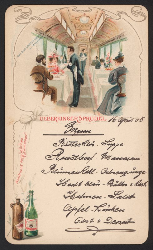 Cartão de publicidade do menu Ueberkinger água mineral gaseificada (cor litho) de German School