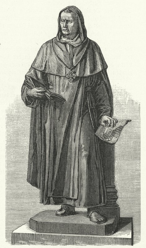 Monumento ao alemão Saint Albertus Magnus na sua terra natal de Lauingen, Baviera (gravura) de German School