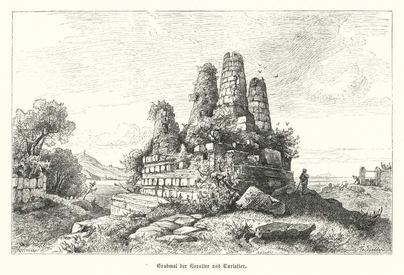 Monumento ao Horatii e à Cúriatii, guerreiros da antiga lenda romana (gravura) de German School