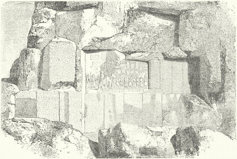 Inscrições em rocha multilingues no Monte Behistun (gravura) de German School