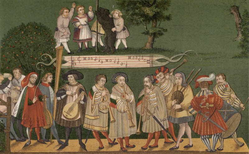 Músicos de Augsburg, Alemanha, tocando para dançarinos do Geschlechtertanz, 1520 de German School