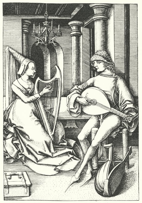 Músicos tocando alaúde e harpa em uma casa de campo no século XV (gravura) de German School
