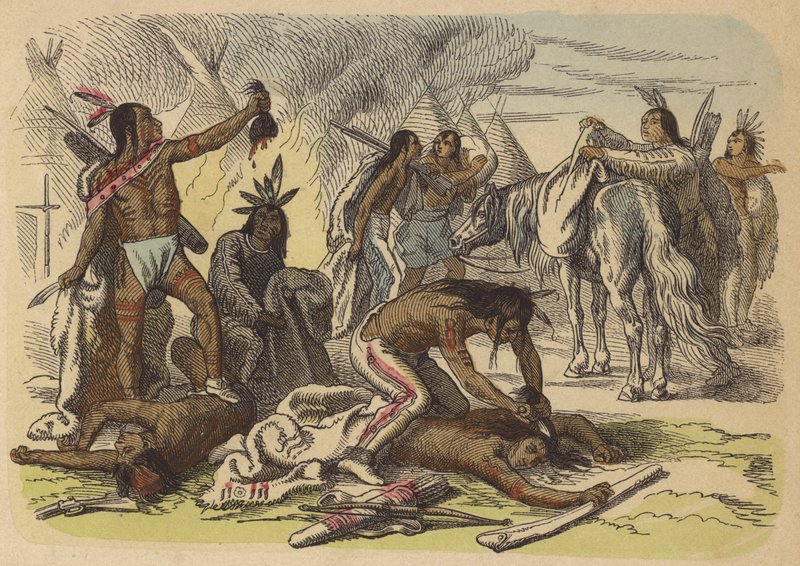 Corajosos nativos americanos que tiram o escalpe dos seus inimigos (gravura colorida) de German School