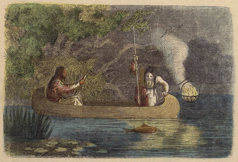 Nativos americanos pescando à noite (gravura colorida) de German School