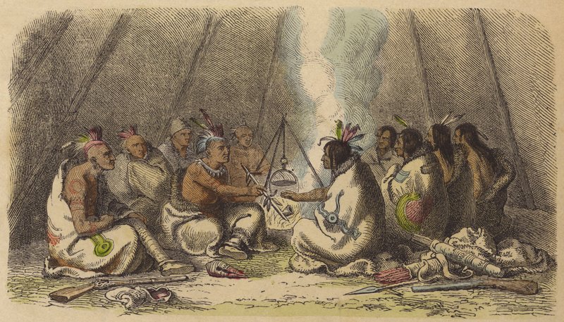 Nativos americanos das tribos Fox e Raven fumando o cachimbo da paz (gravura colorida) de German School