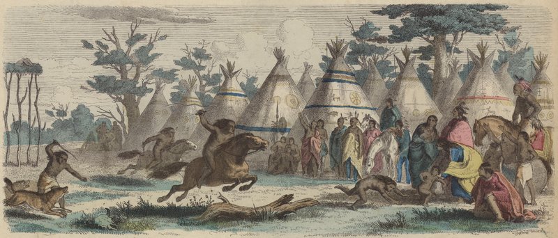 Corrida de nativos americanos (gravura colorida) de German School