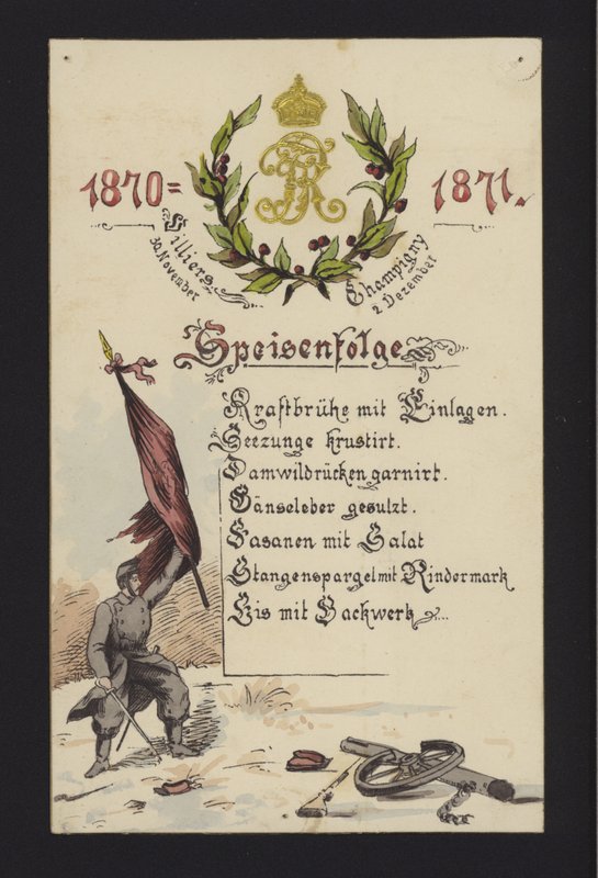 Banquetes de Ano Novo realizados pelos alemães ocupantes em Villiers e Champigny, Paris, 30 de Dezembro de 1870 e 2 de Janeiro de 1871 (cor litho) de German School