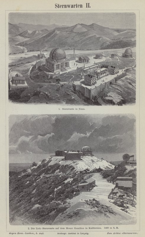 Nice Obervatory, França, e o Observatório Lick, Mount Hamilton, Califórnia, EUA (gravura) de German School