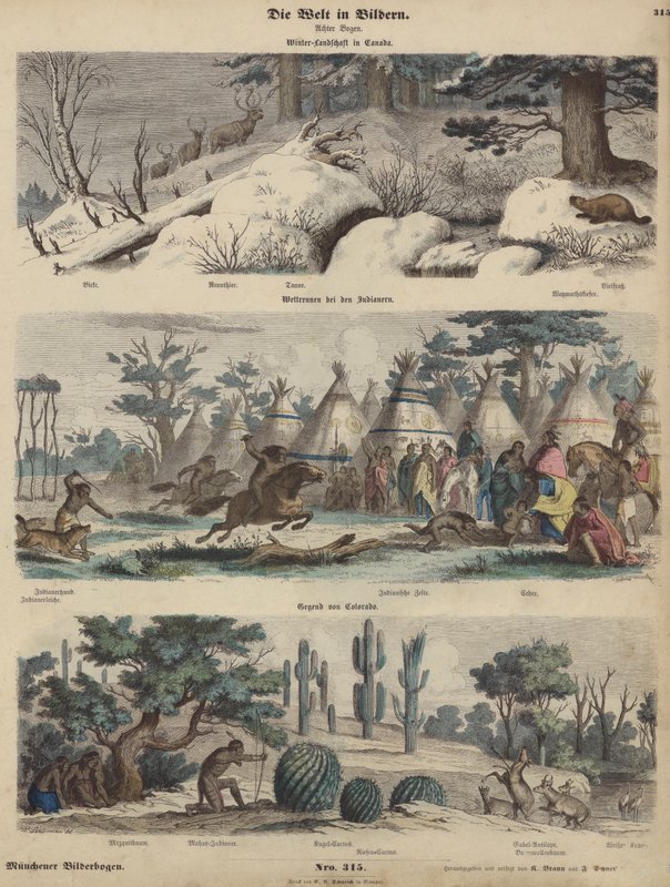 América do Norte: paisagem de inverno no Canadá; Corridas de nativos americanos; Colorado (gravura colorida) de German School