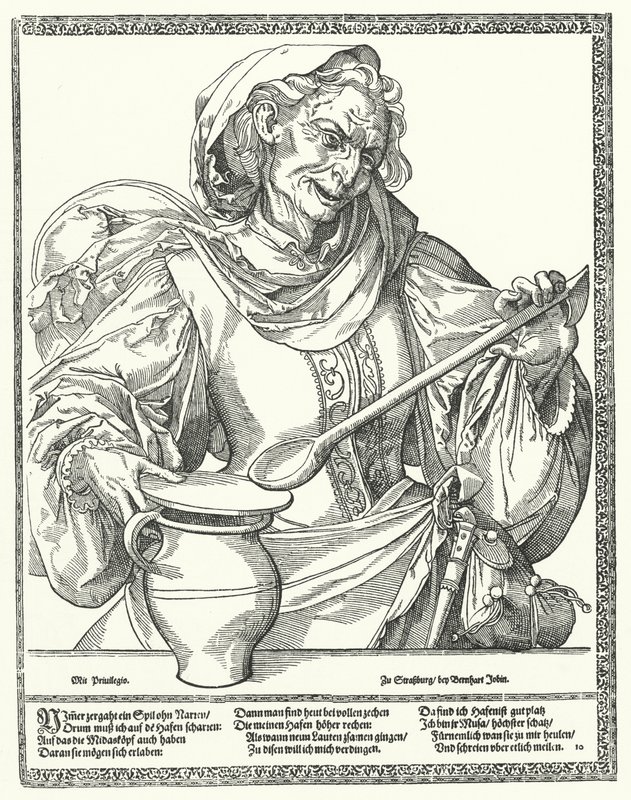 Mulher velha com um jarro e uma colher (gravura) de German School