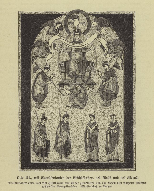 Otão III, Santo Imperador Romano, com representantes dos príncipes, da nobreza e do clero (gravura) de German School