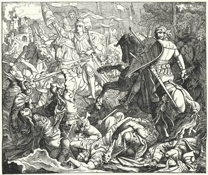 Otto I da Alemanha derrotando os Magiares na Batalha de Lechfeld, 955 (gravura) de German School