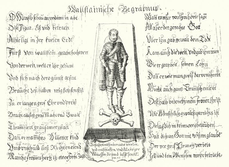 Folheto emitido em memorando do líder militar boémio assassinado Albrecht von Wallenstein (gravura) de German School