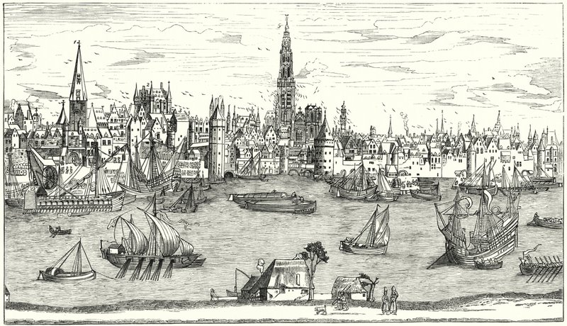 Panorama de Antuérpia no início do século XVI (gravura) de German School