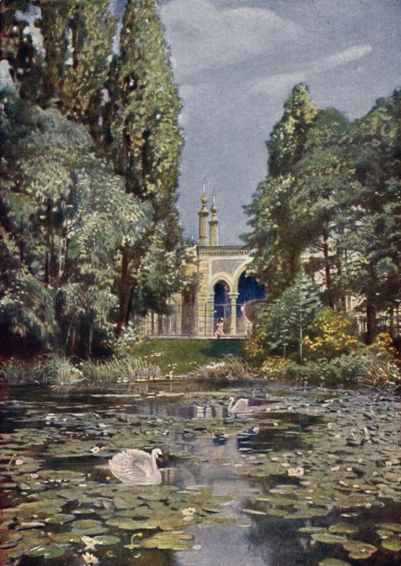 Parte do Vierwaldstattersee e da casa dos antílopes, Jardim Zoológico de Berlim, Alemanha (cor litho) de German School