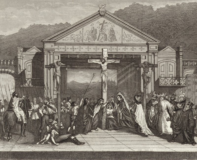 Jogo de paixão em Oberammergau, Baviera, Alemanha. Ilustração para Bilder-Atlas (gravura) de German School