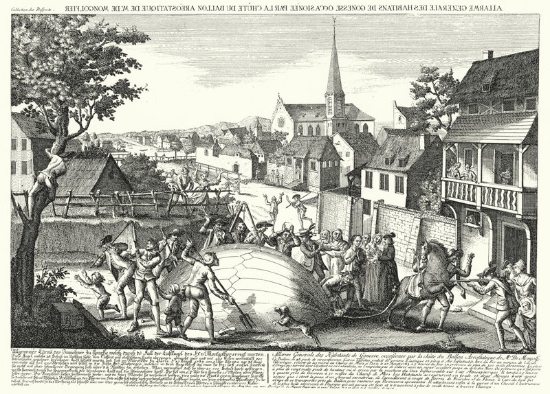 Camponeses atacando o balão de Jacques Charles e os Irmãos Robert depois de este ter descido em Gonesse, 27 de Agosto de 1783 (gravura) de German School