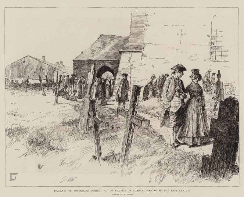 Camponeses da Borgonha saindo da Igreja no domingo de manhã no século passado (gravura) de German School