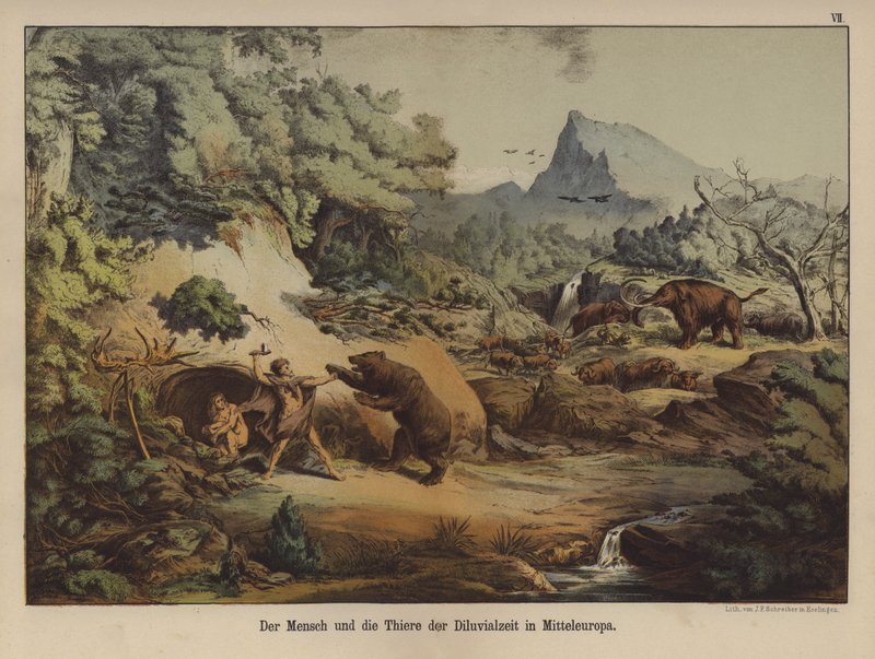 Pessoas e animais da Europa pré-histórica (cor litho) de German School