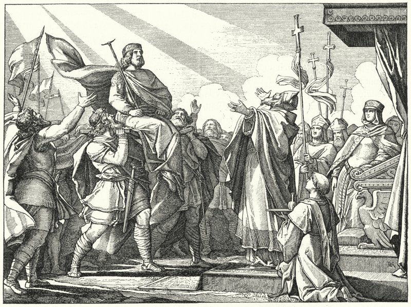 Pepin, o Curto proclamado Rei dos Francos, 751 (gravura) de German School