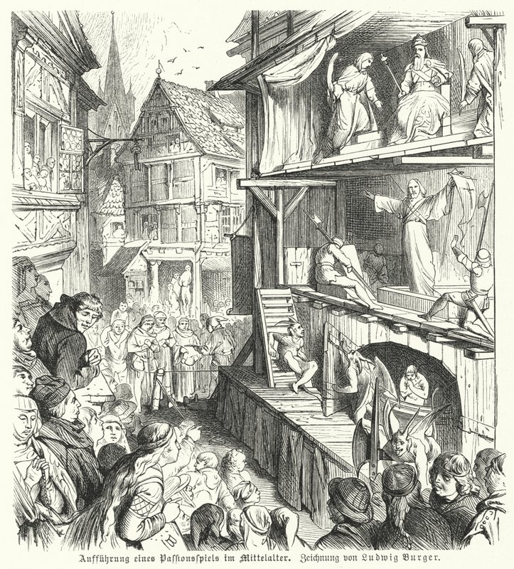 Performance de um Jogo de Paixão na Idade Média (gravura) de German School
