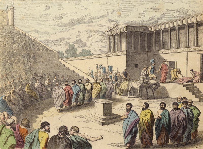 Interpretação da peça Agamémnon num teatro na Grécia Antiga (gravura a cores) de German School