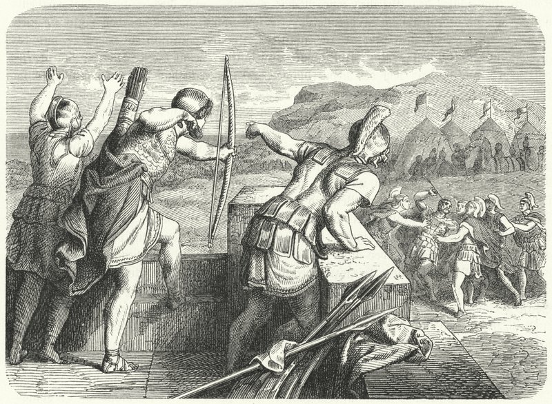 Filipe II da Macedónia ferido no olho no Cerco de Metona, 355 a.C. (gravura) de German School