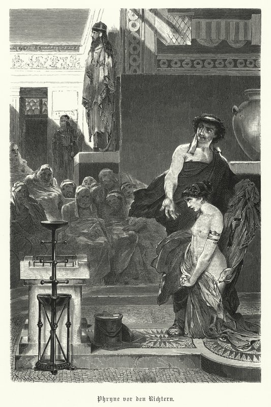 Phryne, antiga cortesã grega, em julgamento por impiedade, século IV a.C. (gravura) de German School