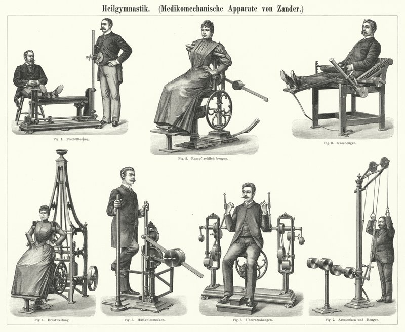 Fisioterapia: aparelho de mecanoterapia inventado pelo médico e ortopedista sueco Gustav Zander (gravura) de German School