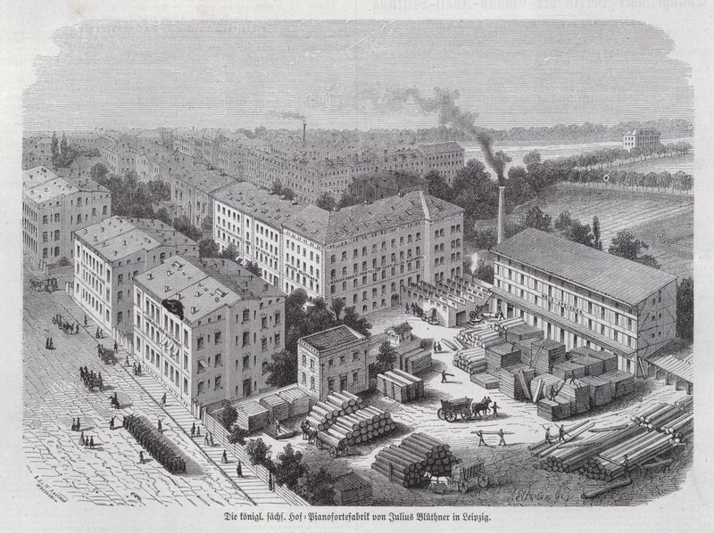 Fábrica de piano de Julius Bluethner, Leipzig, Alemanha (gravura) de German School