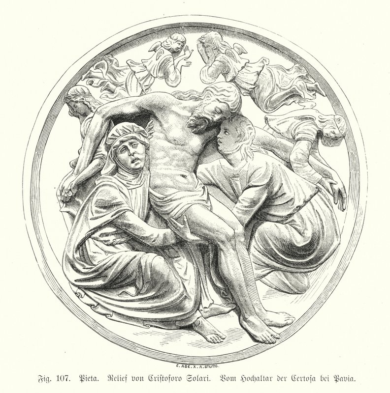 Pieta, relevo de Cristoforo Solari do Altar Alto da Certosa di Pavia, Itália (gravura) de German School