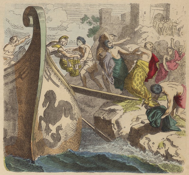 Piratas na Grécia Antiga (gravura a cores) de German School