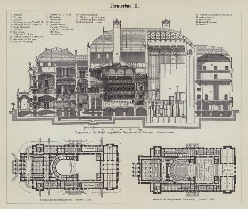 Plano da Casa Real da Ópera Húngara, Budapeste (gravura) de German School