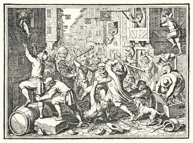 Pilhagem do Judengasse, o gueto judeu de Frankfurt, no Levante de Fettmilch, 1614 de German School