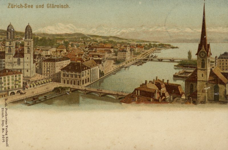 Postal representando uma visão geral da cidade de Zurique de German School